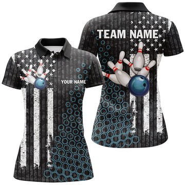 Custom Name Black White American Flag Camo Bowling Team Women's Polo Shirts S-5XL