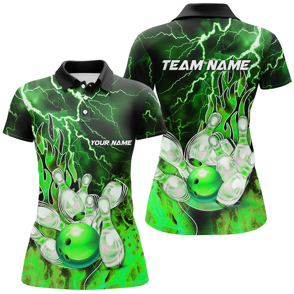 Custom Green Lightning Thunder Bowling Team Gift Women's Polo Shirts S-5XL