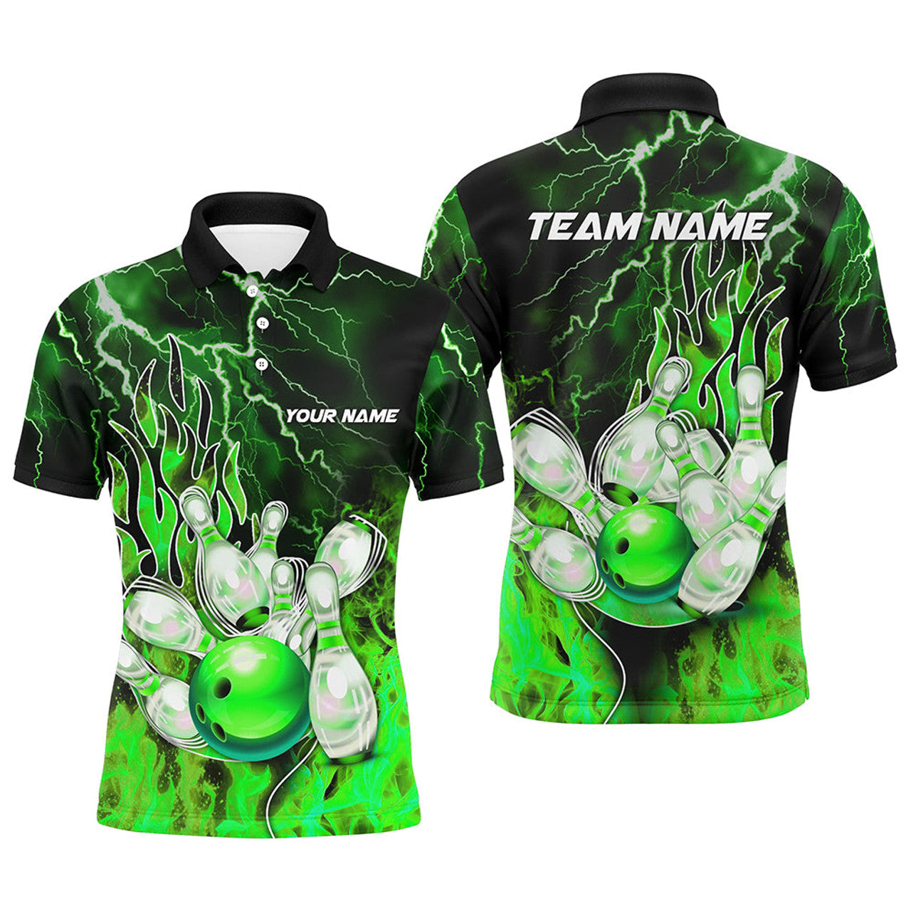 Custom Green Lightning Thunder Bowling Men's Polo Shirt S-5XL