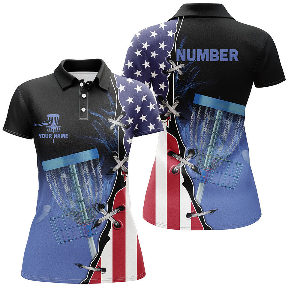 Custom Flame American Flag Disc Golf Design Unique Style Women's Polo Shirts S-5XL