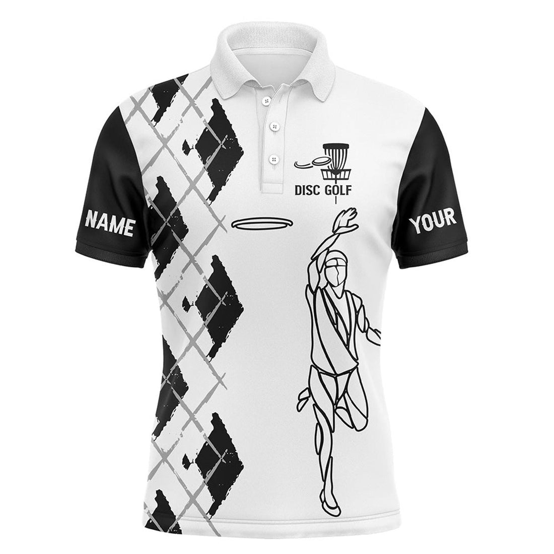 Black and White Disc Golf Shirt Custom Name Gift for Players Men's Polo Shirt S-5XL