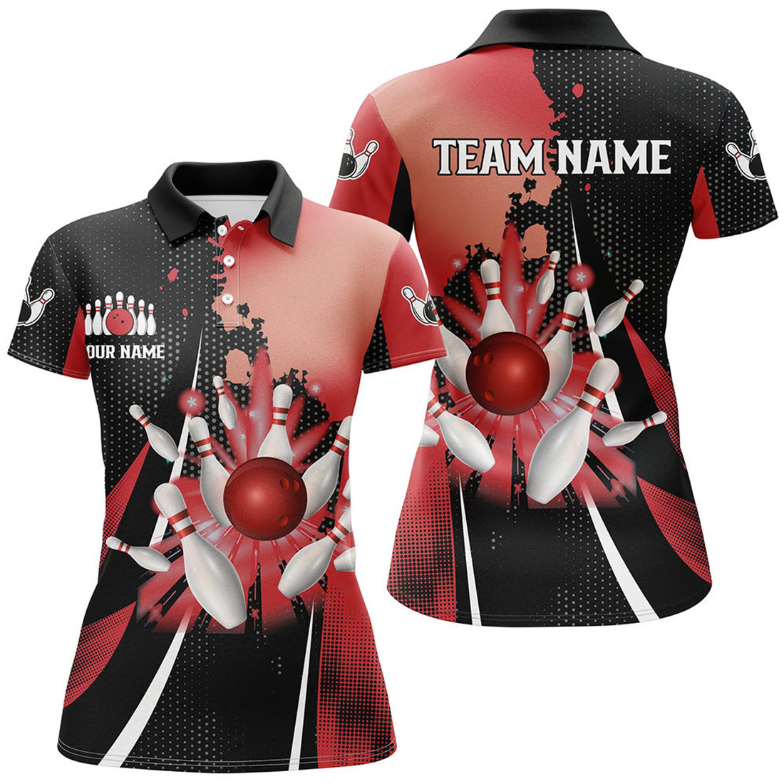 Custom Black and Red Retro Bowling Ball and Pins Women's Polo Shirts S-5XL