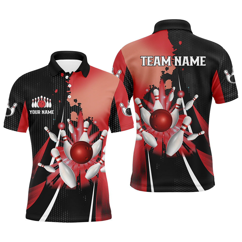 Black Red Retro Bowling Polo Shirt Custom Ball Pins Team Men's Polo Shirt S-5XL