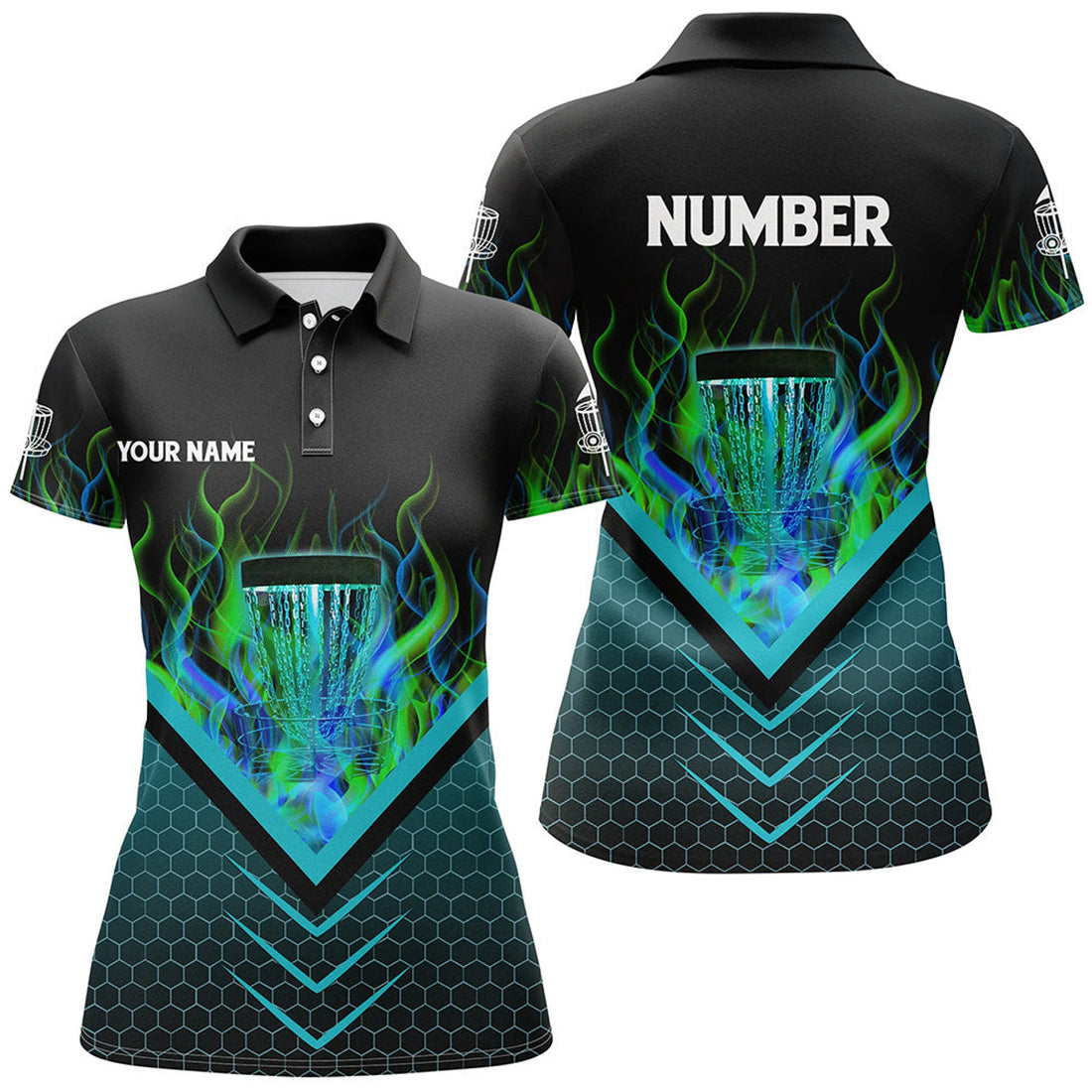 Custom Black Green Fire Disc Golf Custom Flame Women's Polo Shirts S-5XL