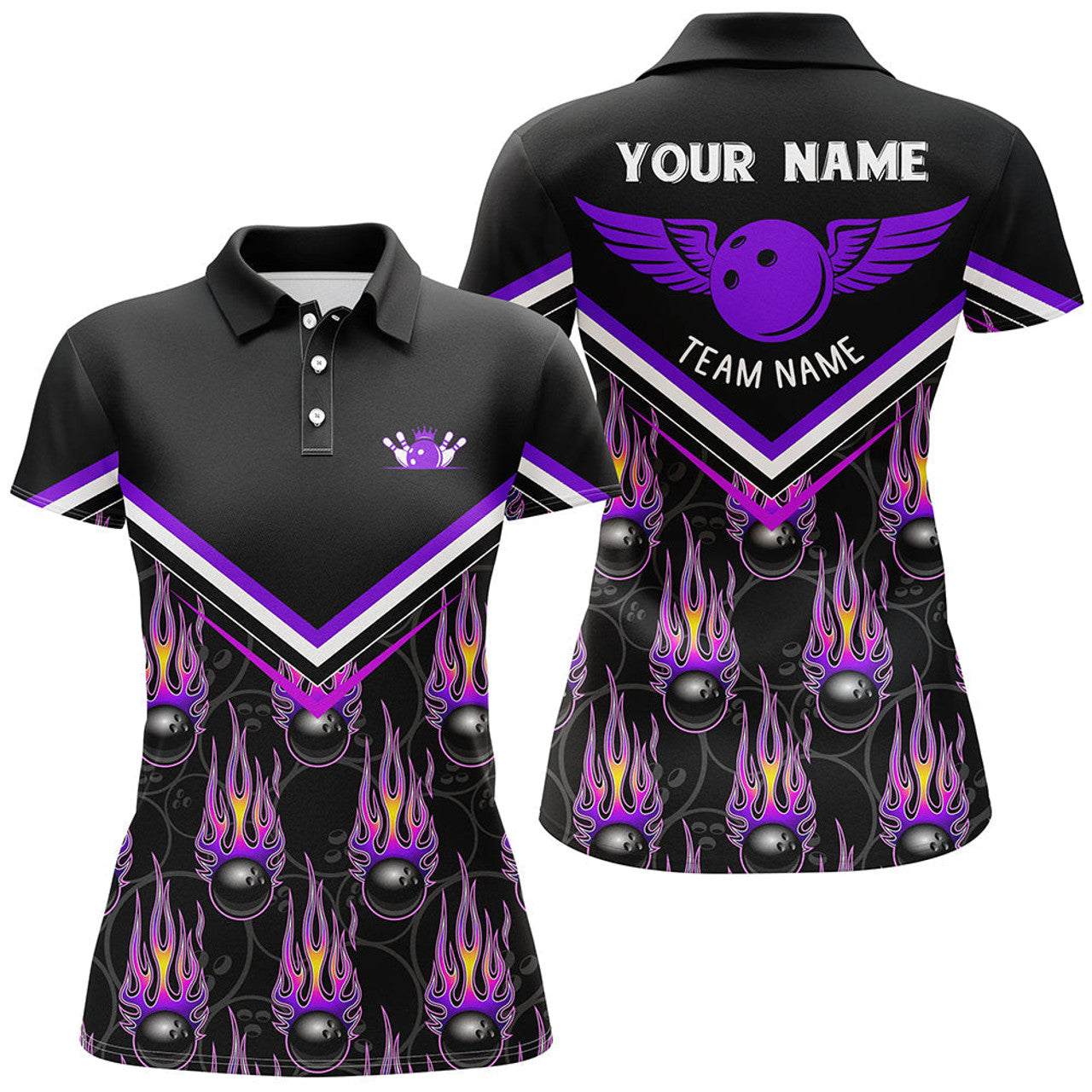 Custom 3D Team Bowling Black Flame Purple Ball Design Women's Polo Shirts S-5XL