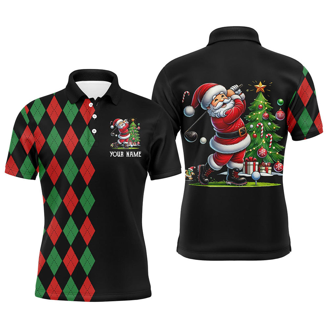 Christmas Santa Golfer Outfit Red Green Argyle Black Men's Polo Shirt S-5XL