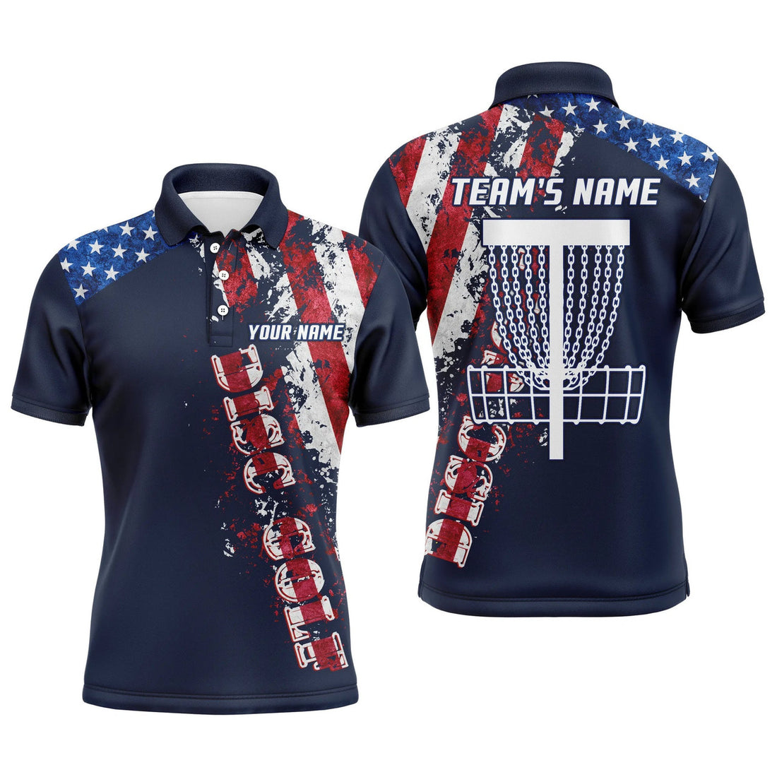 Custom Name Disc Golf American Flag Gift For Golf Lover Men's Polo Shirt S-5XL