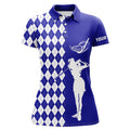 Custom Name Argyle Blue Golf Shirt for Women White Women's Polo Shirts S-5XL