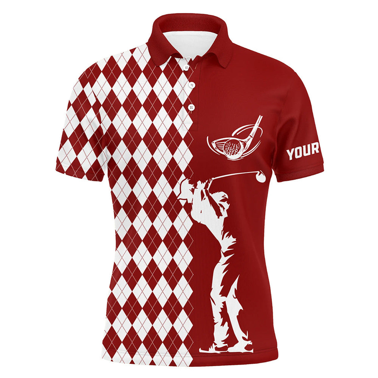 Custom Red Golf Top with White Argyle Plaid Personalized Men's Polo Shirt S-5XL