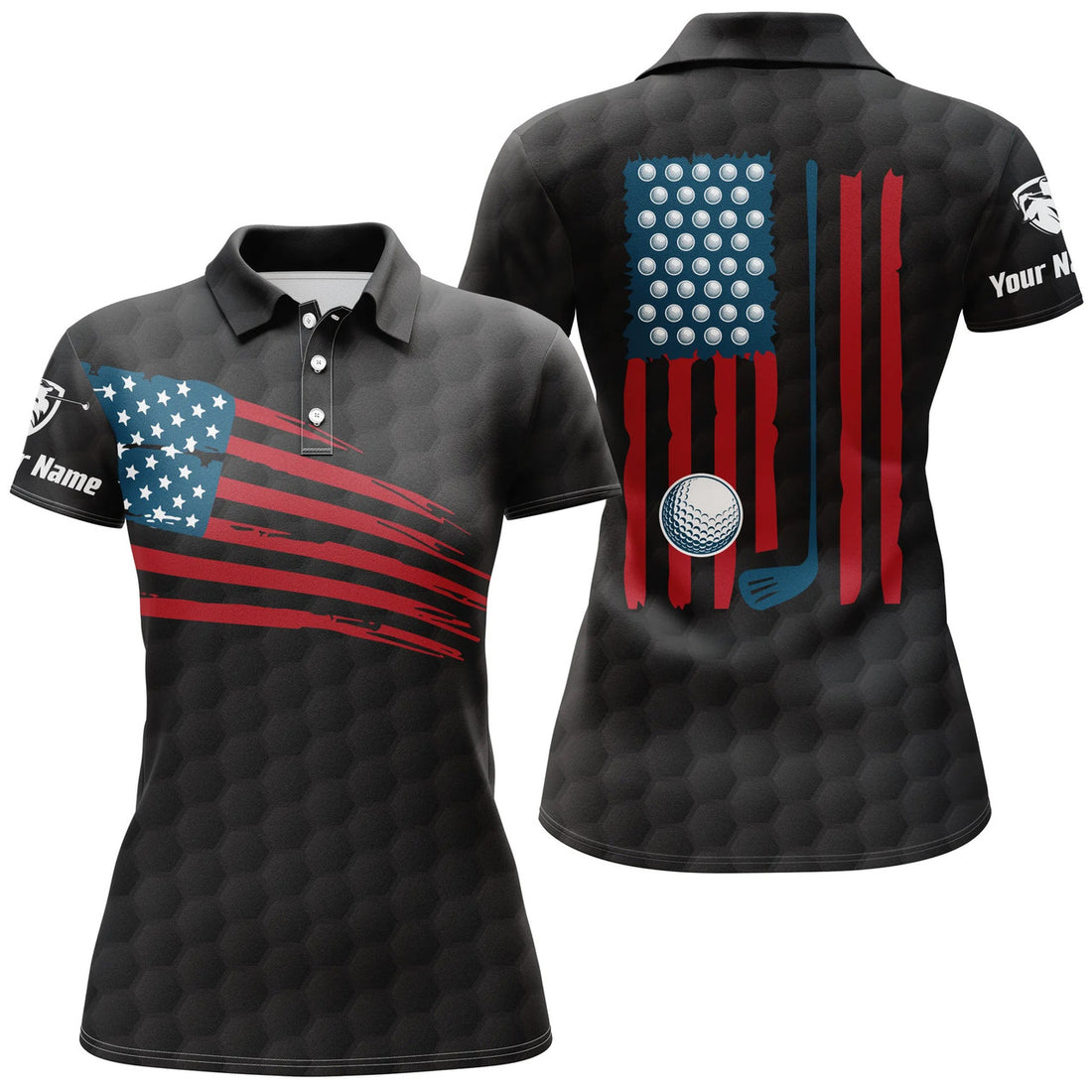 Custom Name American Flag Golf Shirt Patriotic Gifts Black Women's Polo Shirts S-5XL