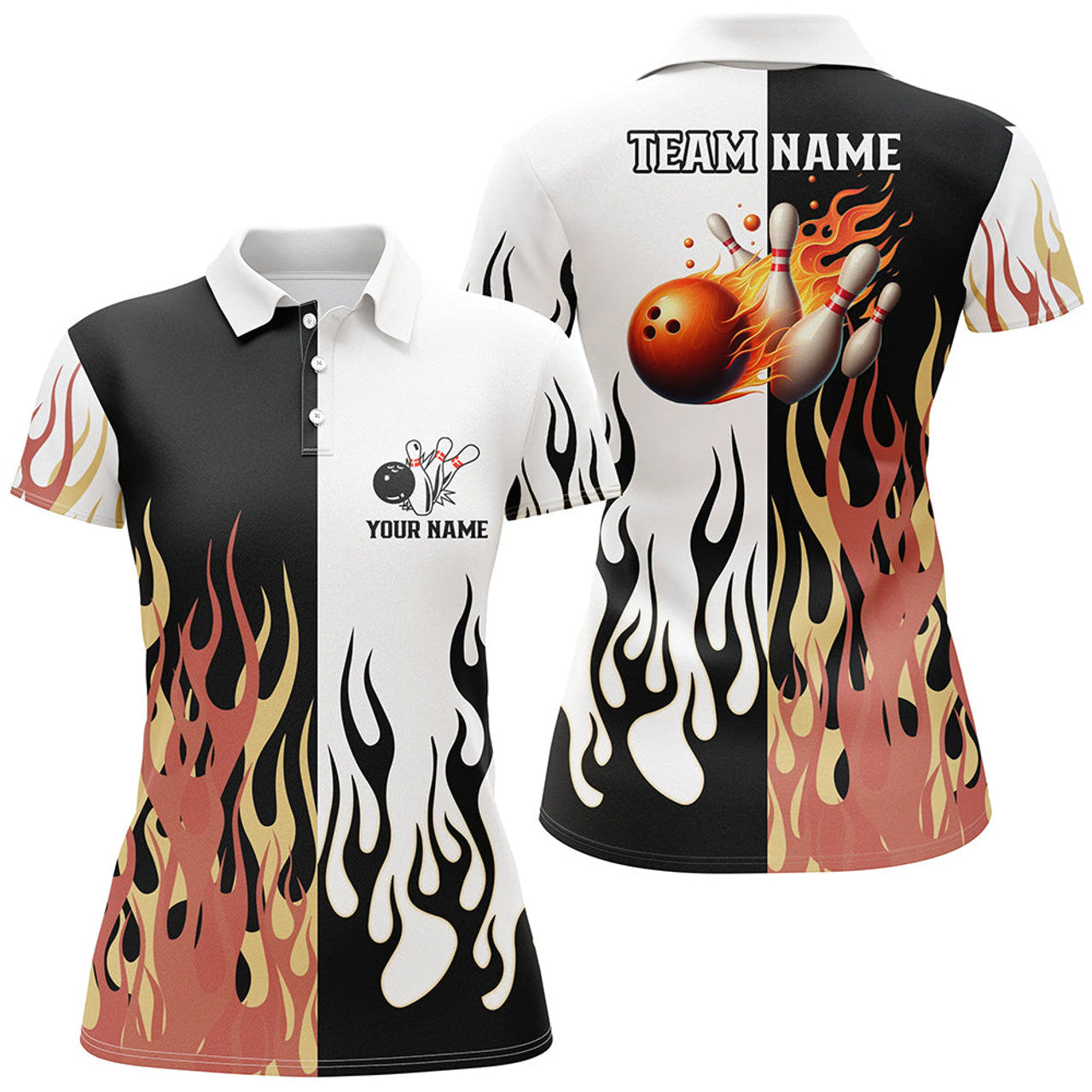 Custom Black and White Bowling Flame Design Women's Polo Shirts S-5XL