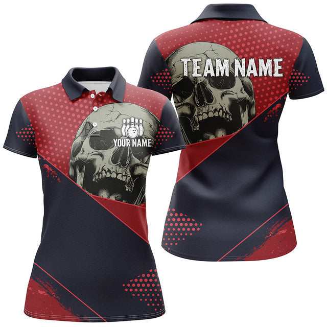Custom Personalized Red and Navy Skull Bowling Shirts for Women's Bowling Team S-5XL
