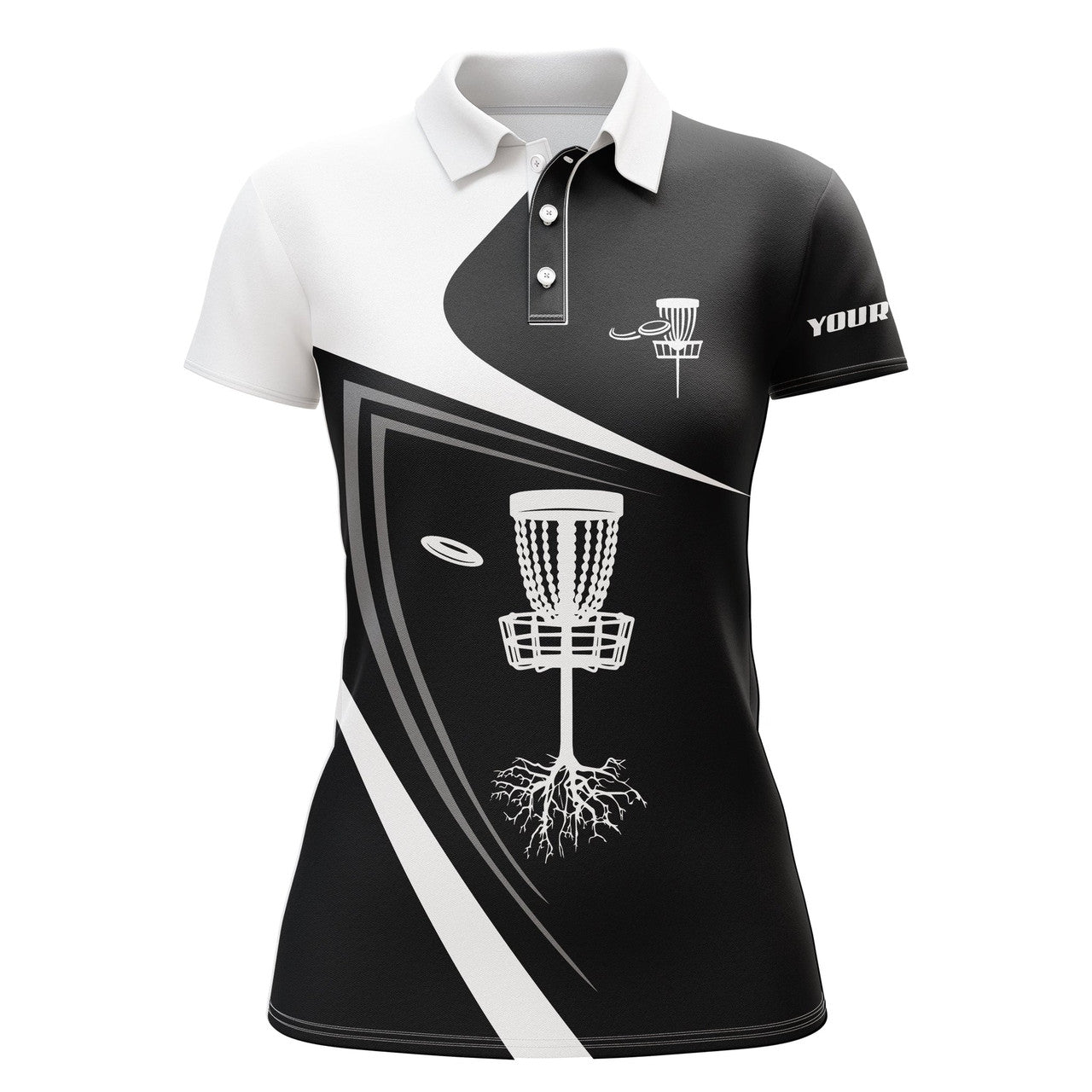 Custom Name Disc Golf Shirt with Basket Design Black White Women's Polo Shirts S-5XL