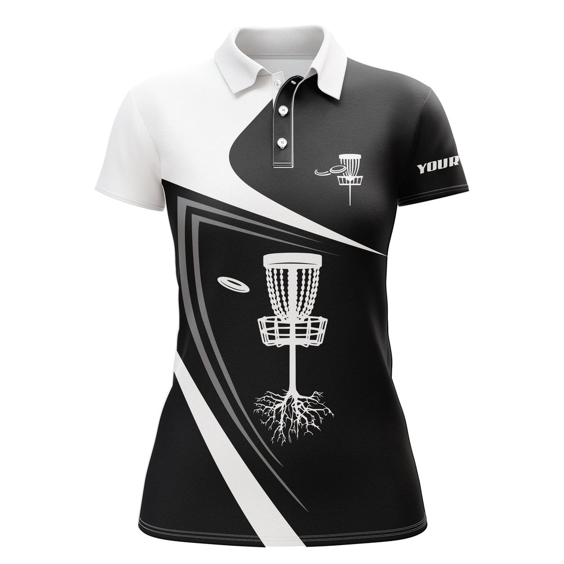 Custom Name Disc Golf Shirt with Basket Design Black White Women's Polo Shirts S-5XL
