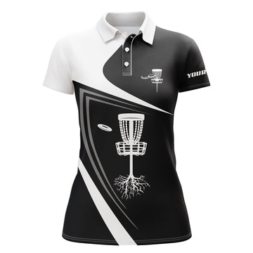 Custom Name Disc Golf Shirt with Basket Design Black White Women's Polo Shirts S-5XL