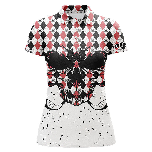 Custom Black Red Argyle Pattern Skull Clubs Golf Attire Women's Polo Shirts S-5XL