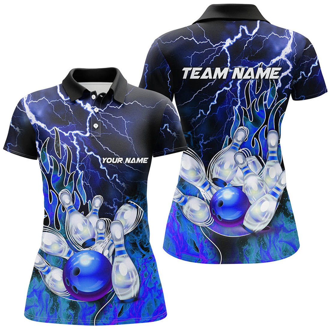 Custom Blue Lightning Thunder Bowling Team Gift for Women Women's Polo Shirts S-5XL