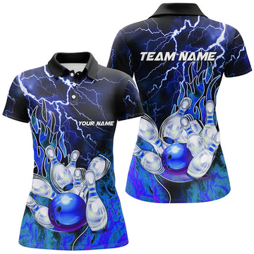 Custom Blue Lightning Thunder Bowling Team Gift for Women Women's Polo Shirts S-5XL