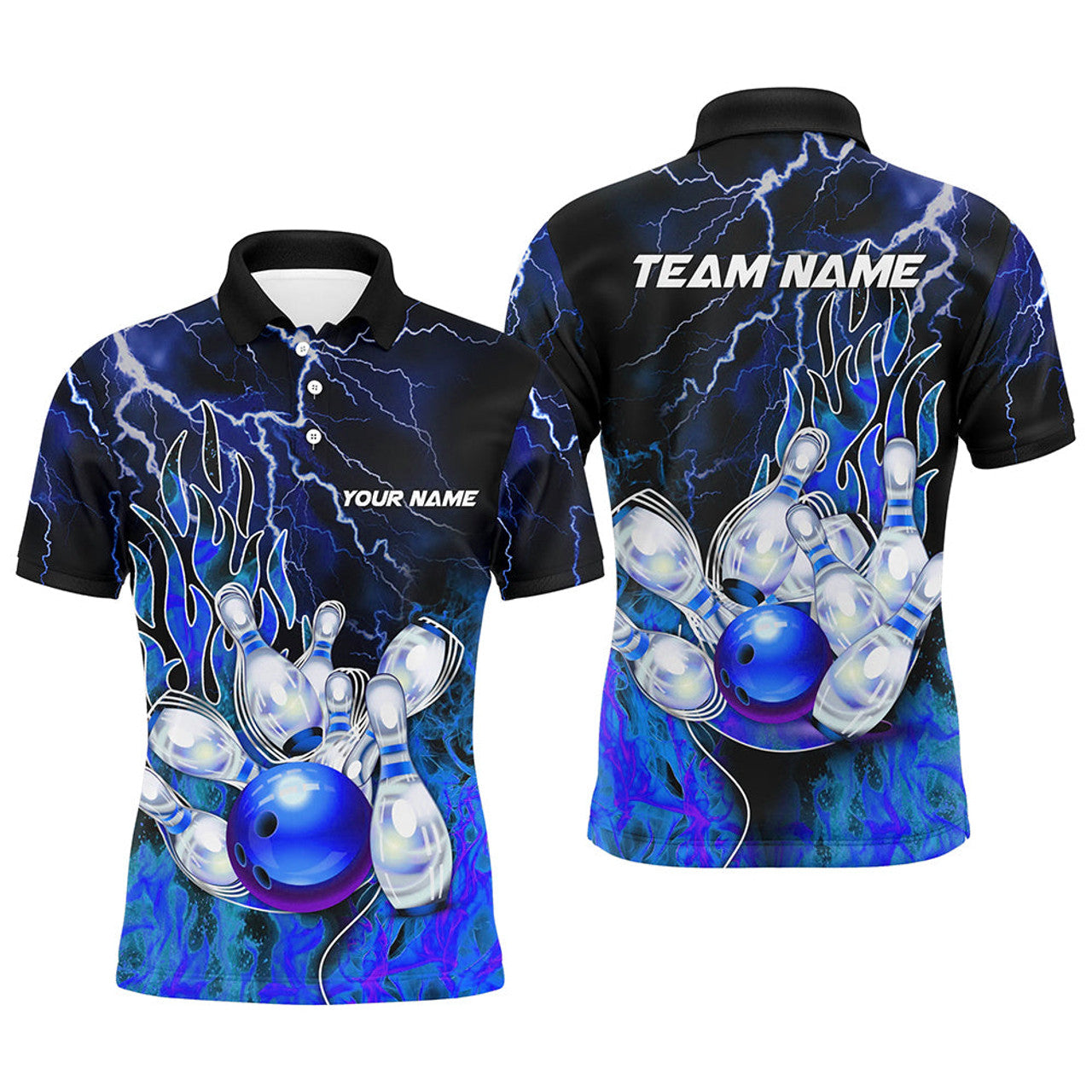 Custom Blue Lightning Thunder Bowling Men's Polo Shirt S-5XL