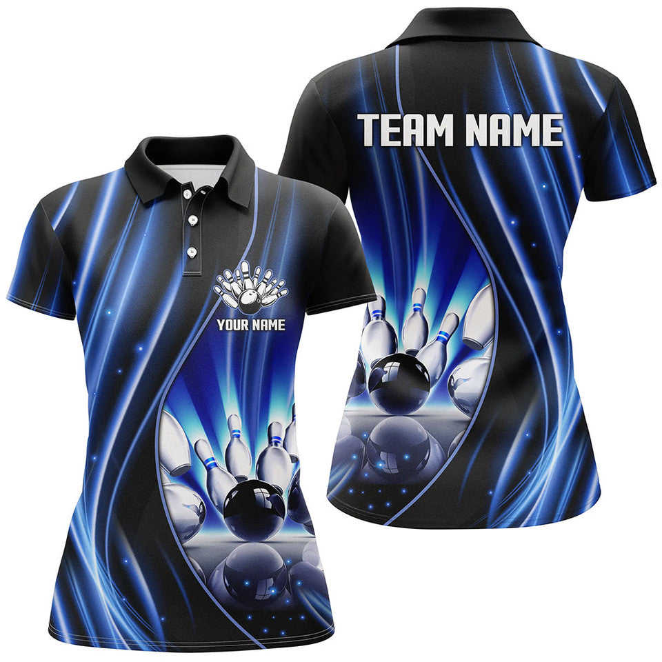 Custom Blue Black Bowling League Shirt Personalized Gift Women's Polo Shirts S-5XL
