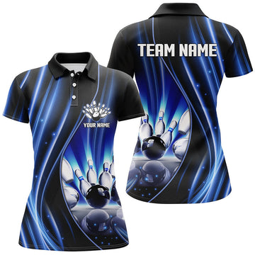 Custom Blue Black Bowling League Shirt Personalized Gift Women's Polo Shirts S-5XL
