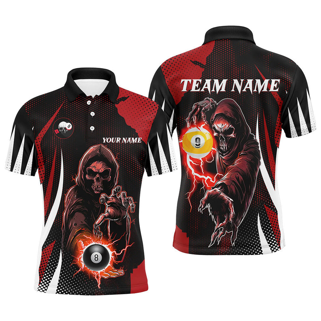 Funny Red Death Skeleton Billiard 8 Ball 9 Ball Custom Men's Polo Shirt S-5XL