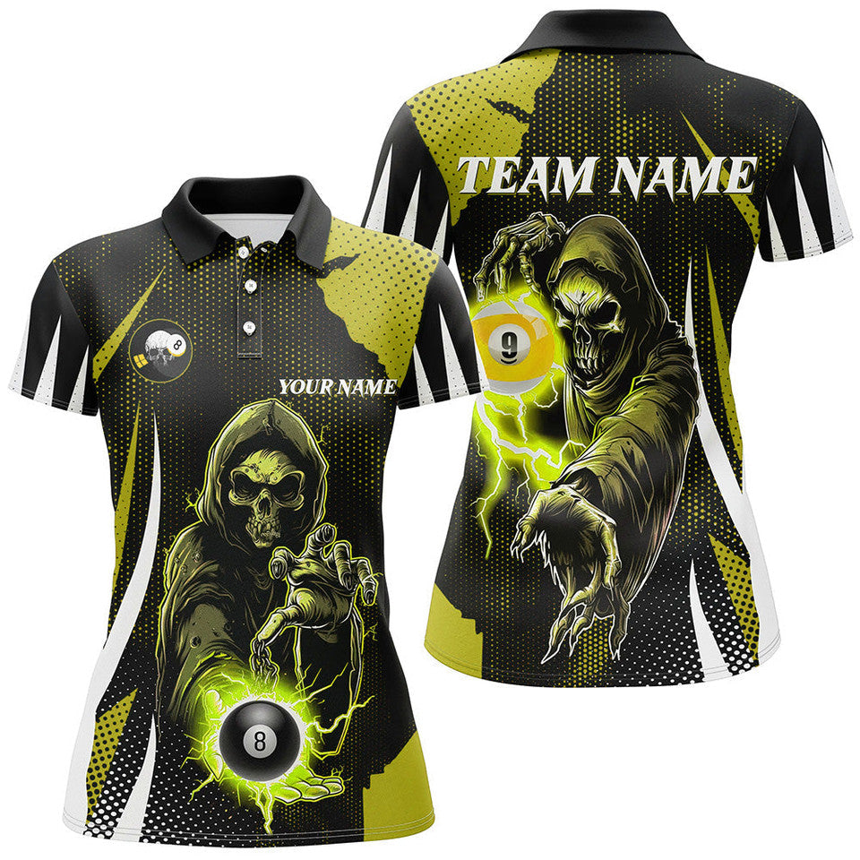 Custom Funny Yellow Skeleton with 8 Ball 9 Ball Billiard Women's Polo Shirts S-5XL