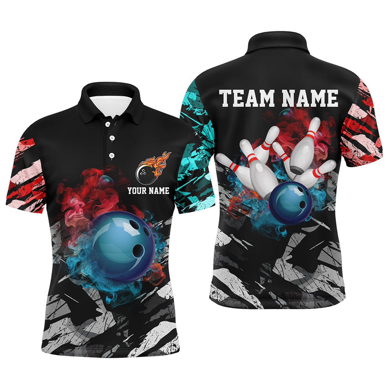 Black Camo Smoke Bowling Ball Pins Custom Polo Shirt Mens Polo Shirt S-5XL