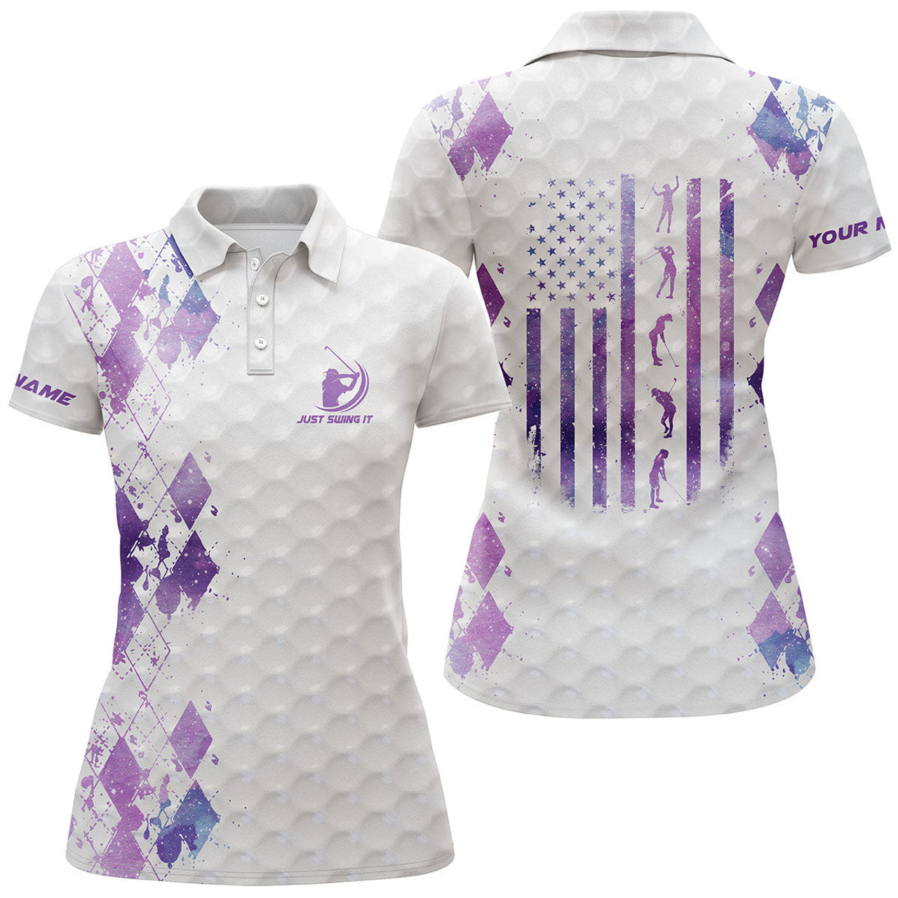 Custom Purple Galaxy Golf Just Swing It American Flag Women's Polo Shirts S-5XL