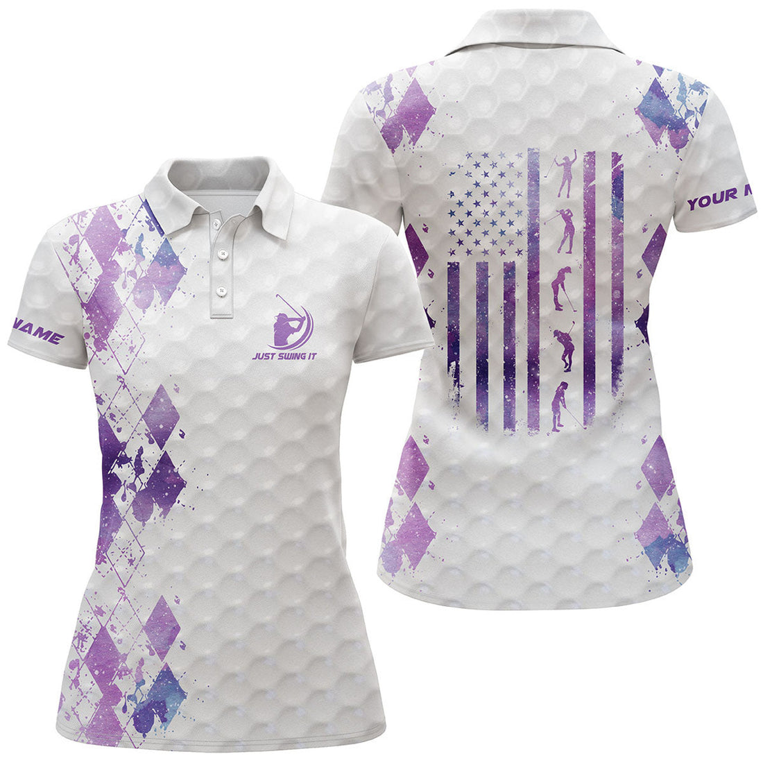 Custom Purple Galaxy Golf Just Swing It American Flag Women's Polo Shirts S-5XL
