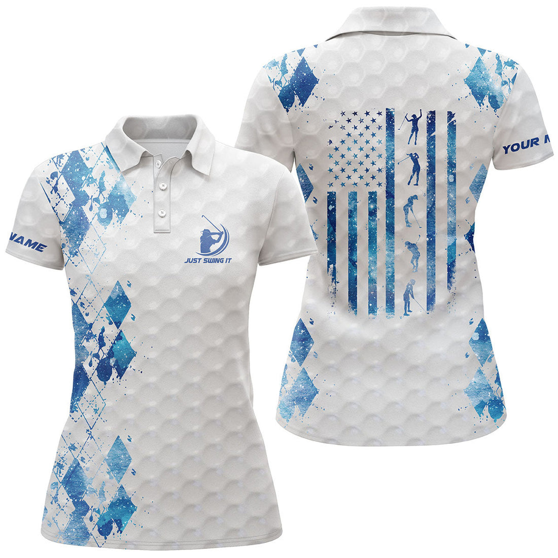 Custom Blue White Golf Shirt Just Swing It American Flag Women's Polo Shirts S-5XL