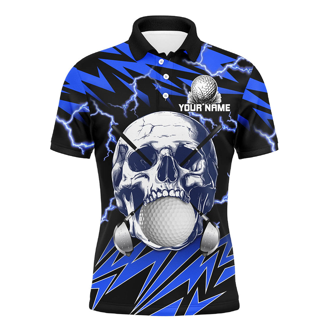 Blue Lightning Thunder Golf Skull Custom Mens Polo Shirt S-5XL