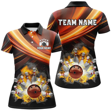 Custom Personalized Black and Orange Smoke Flame Bowling Women's Polo Shirts S-5XL