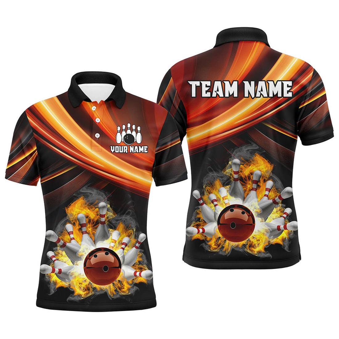 Personalized Black and Orange Smoke Flame Bowling Shirt Men's Polo Shirt S-5XL