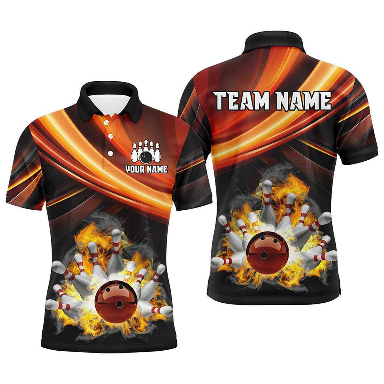 Personalized Black and Orange Smoke Flame Bowling Shirt Men's Polo Shirt S-5XL