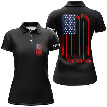 Custom Golf Shirt American Flag Golf Clubs Patriotic Black Women's Polo Shirts S-5XL