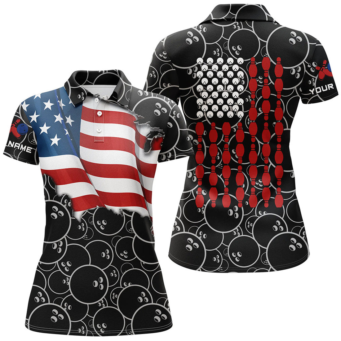 Custom American Flag Bowling For Team Patriots Women's Polo Shirts S-5XL