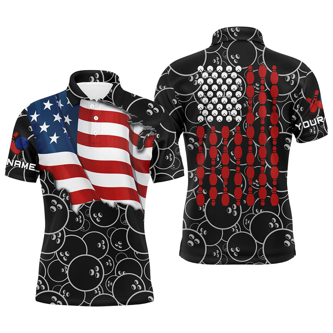 American Flag Black Camo Bowling Shirt Custom Men's Polo Shirt S-5XL