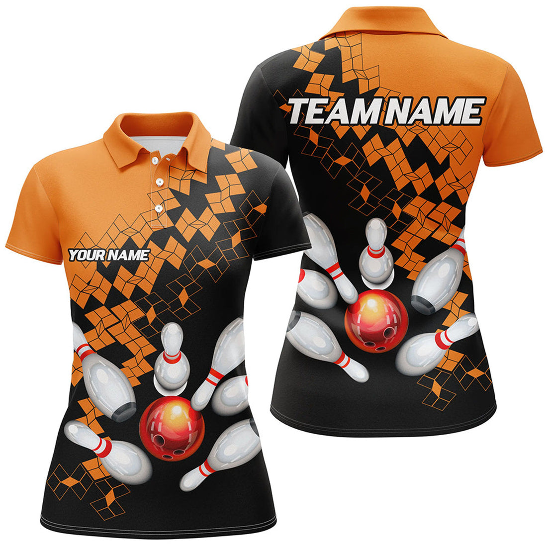 Custom Black and Orange Bowling for Women's Polo Shirts S-5XL