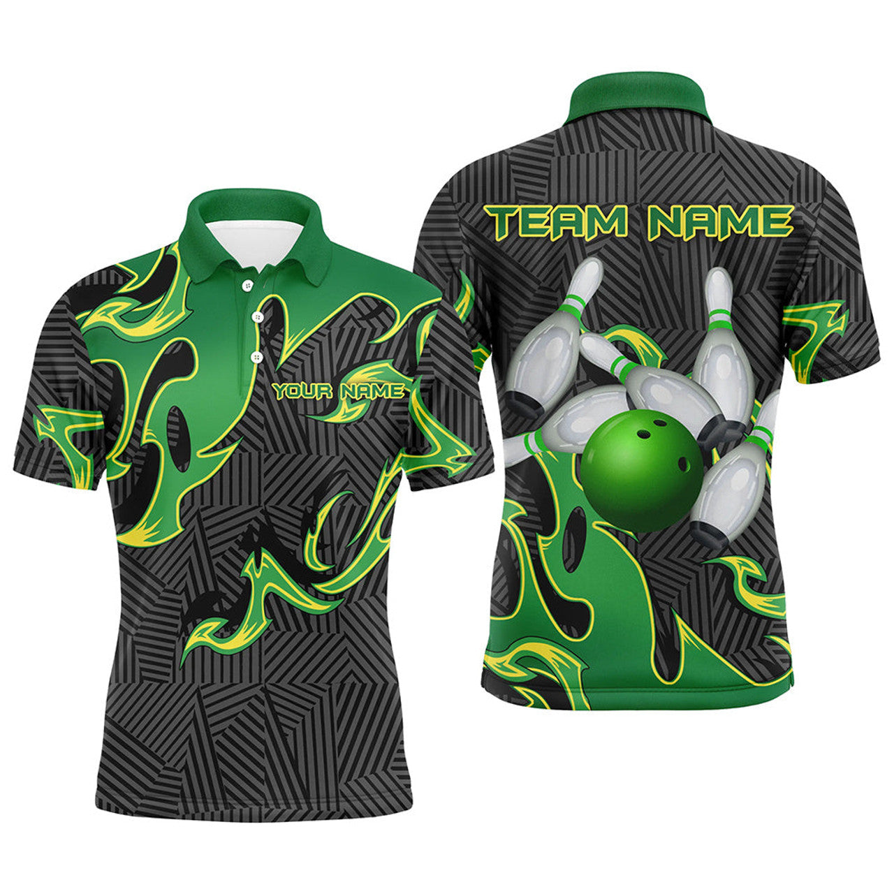 Green Flame Black Camo Bowling Quarter Zip Mens Polo Shirt S-5XL