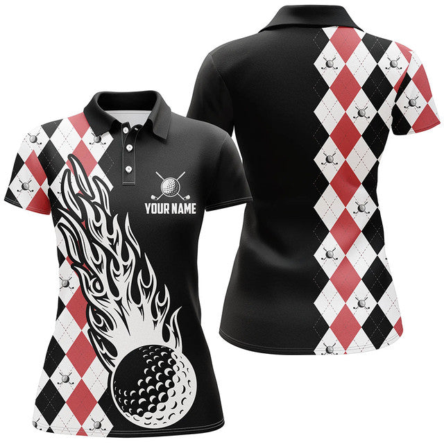 Custom Black Red Argyle Golf Shirt Fire Golf Ball Design Women's Polo Shirts S-5XL