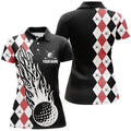 Custom Black Red Argyle Golf Shirt Fire Golf Ball Design Women's Polo Shirts S-5XL