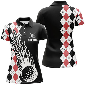 Custom Black Red Argyle Golf Shirt Fire Golf Ball Design Women's Polo Shirts S-5XL