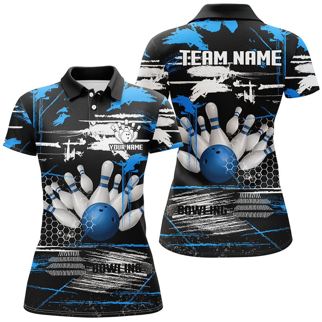Custom Retro Bowling Team Jerseys Black Blue for Bowlers Women's Polo Shirts S-5XL