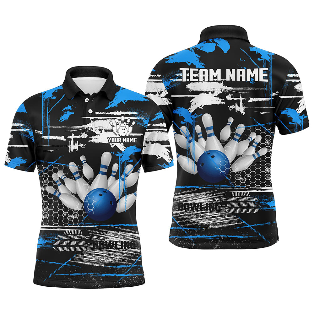Bowling Polo Shirts Custom Black and Blue Retro Bowling Team Men's Polo shirt