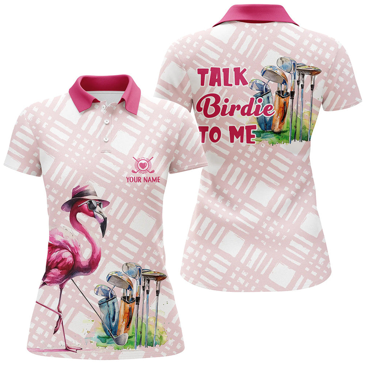 Custom Pink Flamingo Pattern Talk Birdie To Me Women's Polo Shirts S-5XL