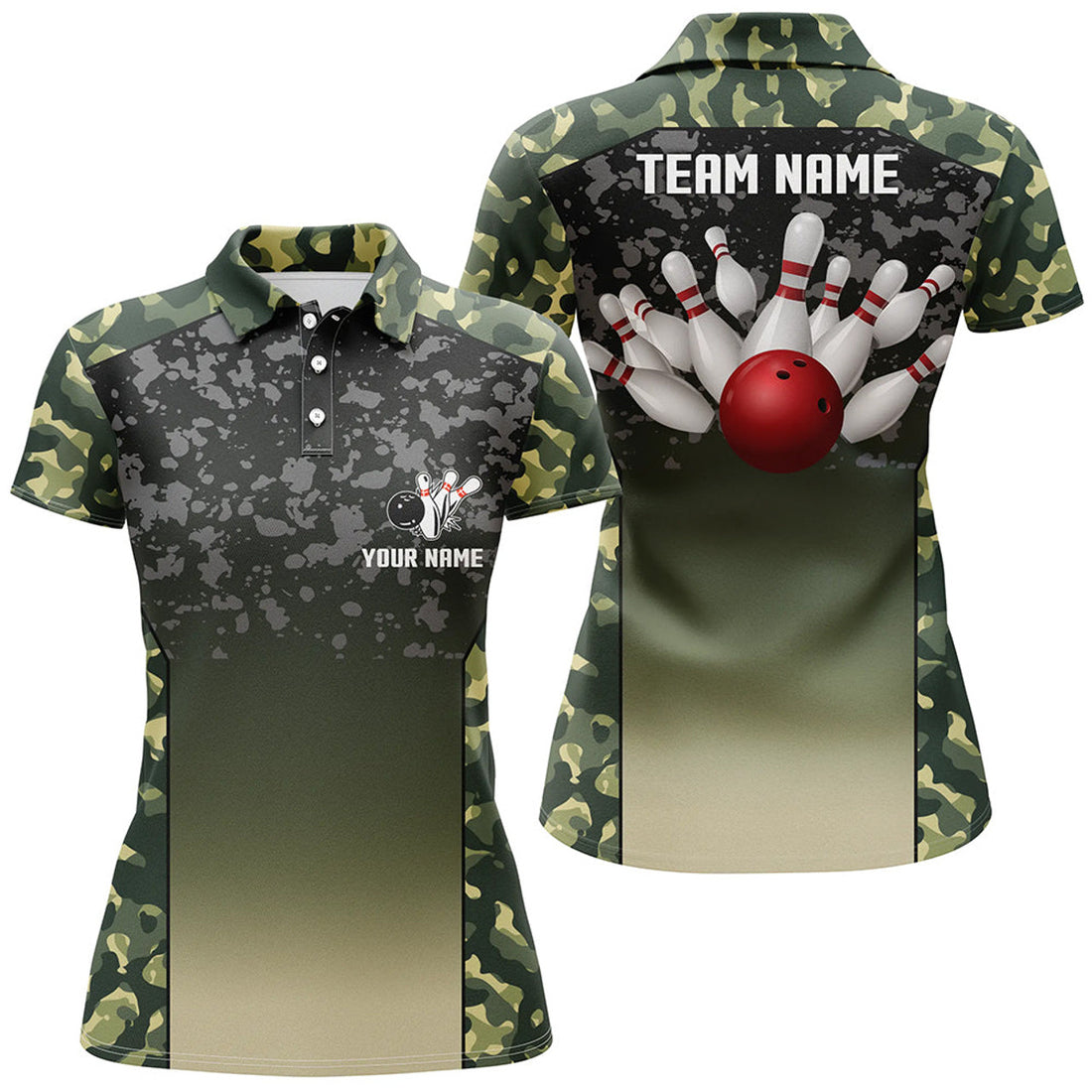Custom Green Camo Bowling Team Shirts Gifts for Bowlers Women's Polo Shirts S-5XL