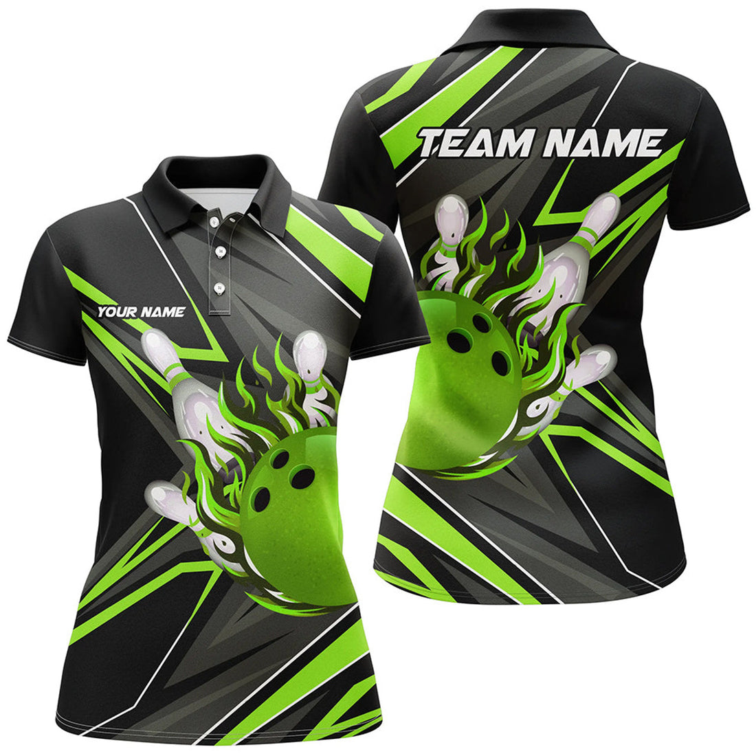 Custom Black Green For Bowler with Bowling Ball Flame Women's Polo Shirts S-5XL