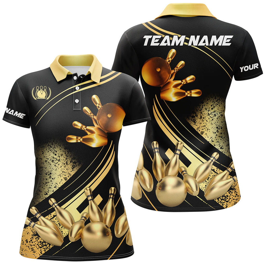 Custom Black Gold Women Bowling Team Apparel Bowling Gifts Women's Polo Shirts S-5XL