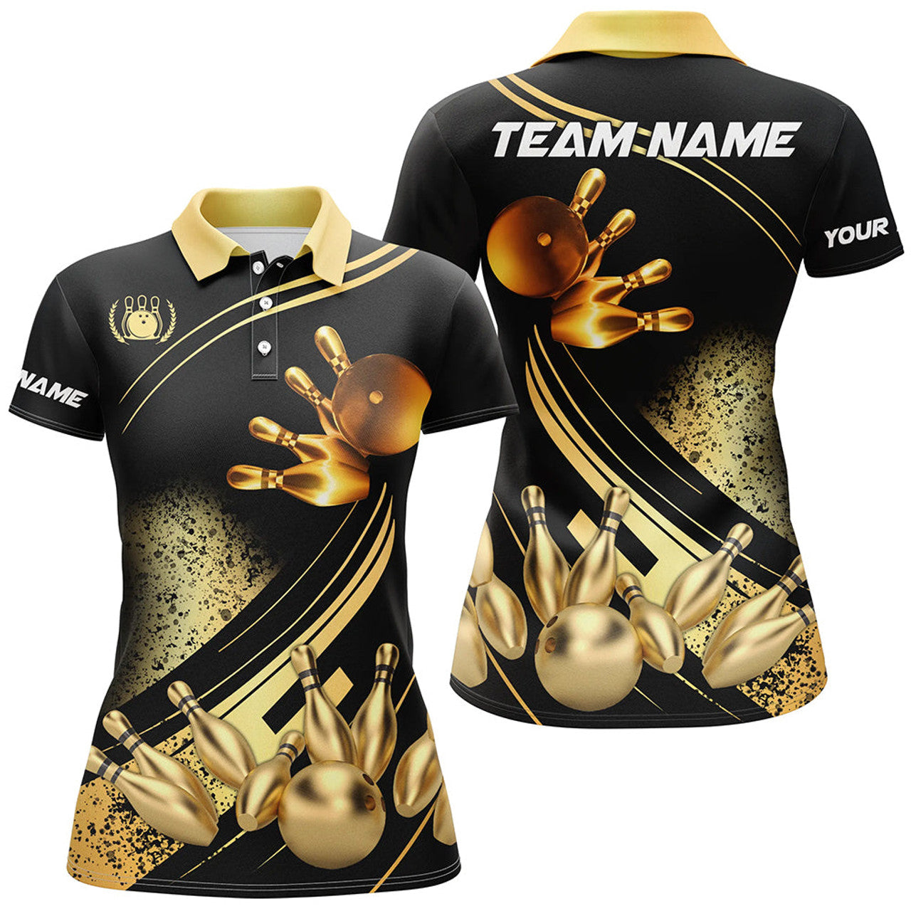 Custom Black Gold Women Bowling Team Apparel Bowling Gifts Women's Polo Shirts S-5XL